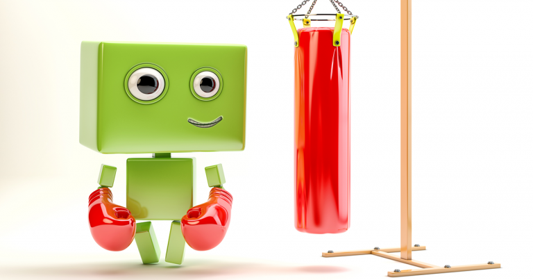 green robot with boxing gloves and heavy bag