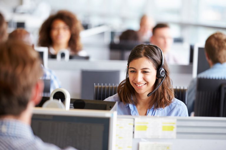 agents working in contact center using specialized crm software for customer service